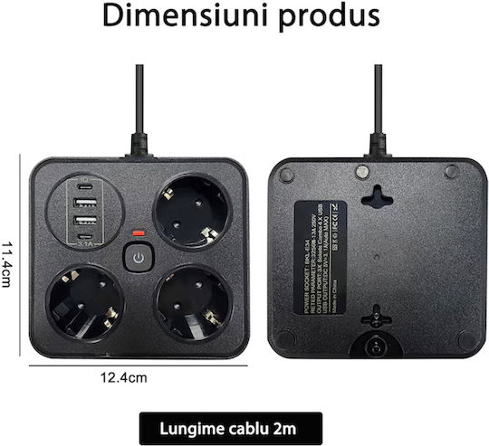 Alista Home Πολύπριζο 3 Θέσεων με USB-A, USB-C, Διακόπτη και Καλώδιο 2m