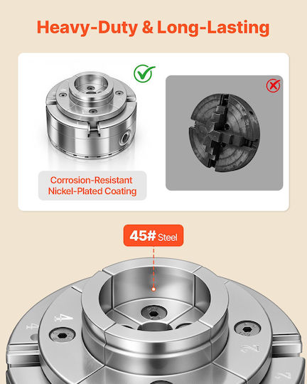 Vevor Wood Lathe Chuck 4 Inch 4 Jaw Self-Centering Thread 1 Inch X 8 Tpi Adapter Jaws Round & Step Nickel Plated High Hardness Steel Mgcckptj3jt4ibz0x001v0