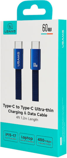 Usams USB 2.0 Cable USB-C Male - USB-C 60W PD Blue 1.2m