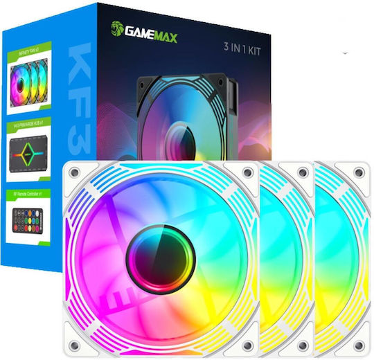 GameMax Ventilator Carcasă VEGMKF300WH 120mm (44cfm) cu Iluminare ARGB și Conexiune 3-Pin / 4-Pin PWM 3 Bucăți Alb