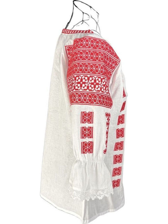 Bluza Damă Bumbac Mânecă Lungă Alb Optic/Roșu