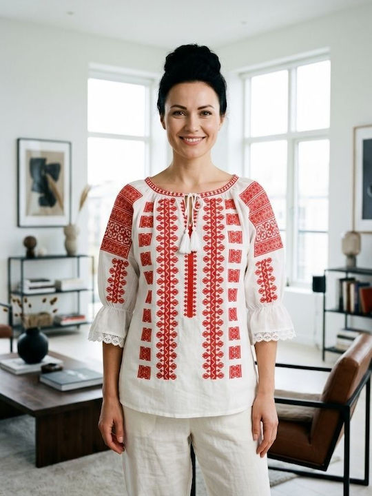 Bluza Damă Bumbac Mânecă Lungă Alb Optic/Roșu