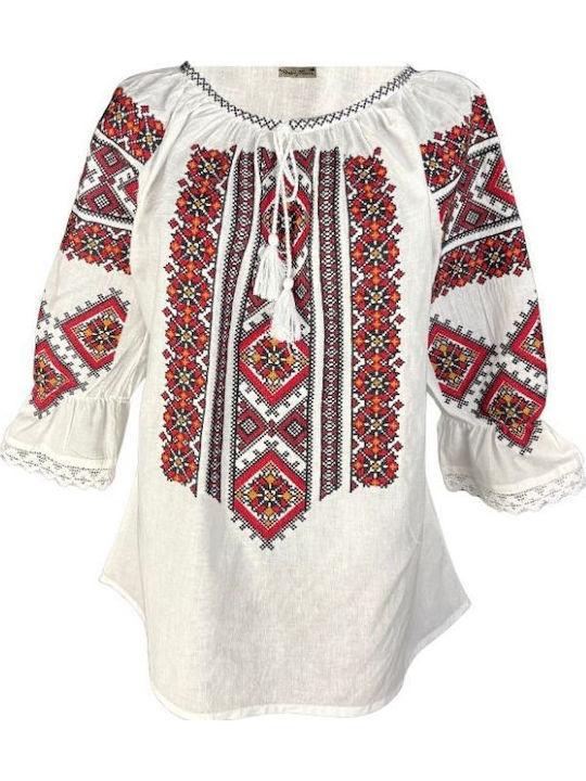 Bluza Damă Bumbac Mânecă Lungă Alb/Roșu Burgund