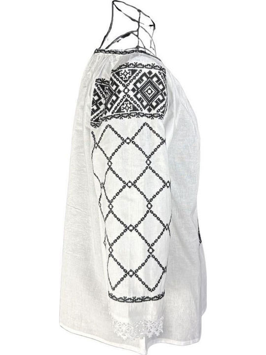 Bluza Damă Bumbac Mânecă Lungă Alb/Negru Mat