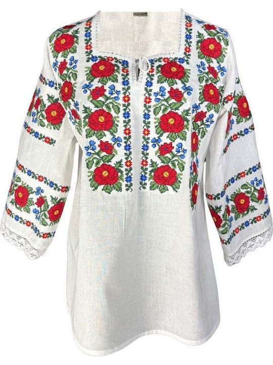Bluza Damă Bumbac Mânecă Lungă Alb Verde Închis