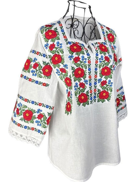 Bluza Damă Bumbac Mânecă Lungă Alb Verde Închis