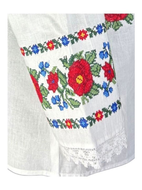 Bluza Damă Bumbac Mânecă Lungă Alb Verde Închis