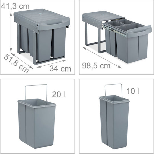 Relaxdays Coș De Gunoi Pentru Dulap Plastic Gri 20lt