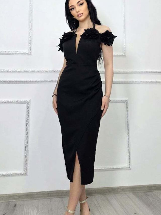Καλοκαιρινό Midi Βραδινό Φόρεμα Ντραπέ Black