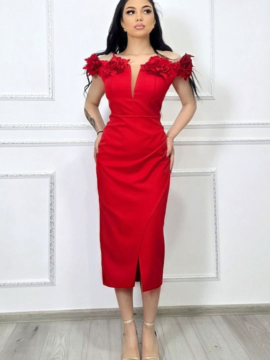 Rochie Midi De Seară Drapată Roșie