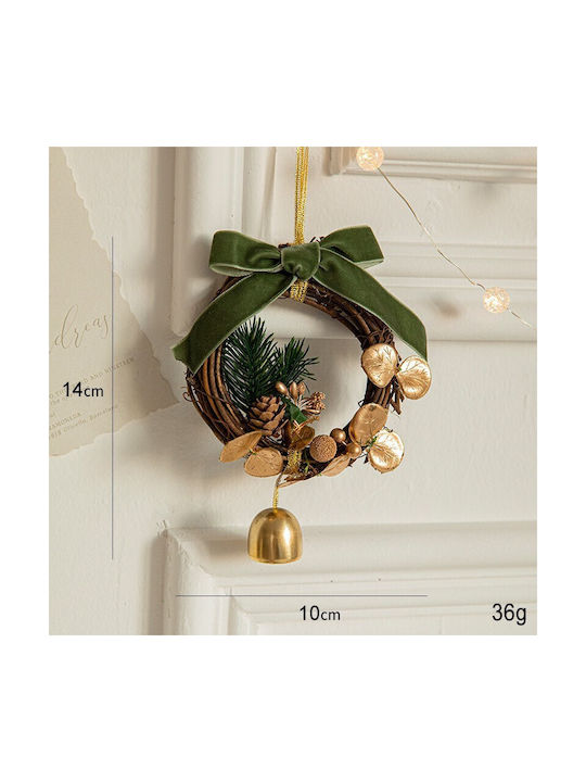 Christmas Wreath Type Christmas Tree Ornament 1 Bell Golden Flowers Pine Cones Green Velvet Ribbon 14 X 10 Cm Green Flippy