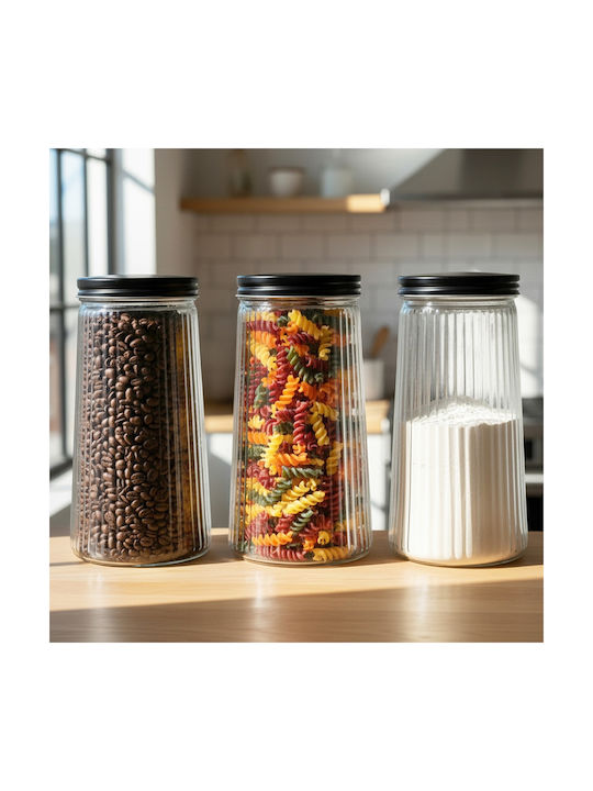 Vilde Set 3Stücke Lebensmittelgläser für Kaffee Nudeln Getreide mit Deckel Glas Schwarz 1400ml