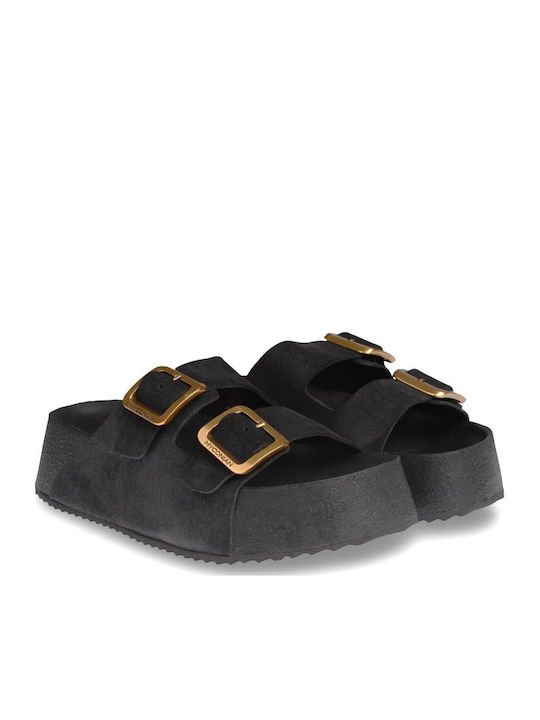 Myconian Women's Flat Sandals Flatforms Black Suede