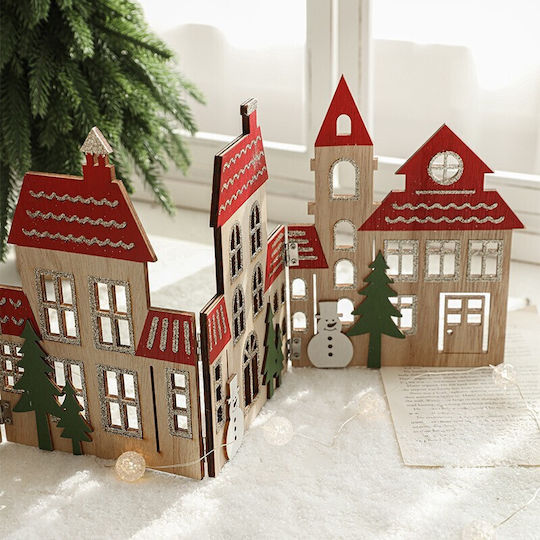 Christmas Decoration Flippy Christmas Village Model Tree European Style Foldable Wood 57 X 20 Cm Natural Brown Red