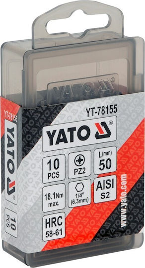 1/4" x 50 mm Pz2 Schraubendreher-Bits 10 Stücke Yt-78155 Yato