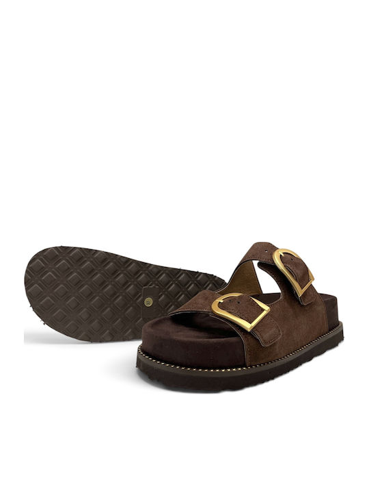 Leather Women's Flat Sandals Flatforms Brown