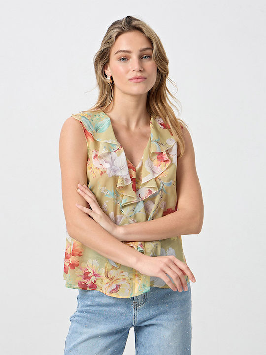 Women's Sleeveless Blouse with V Neckline Floral Olive