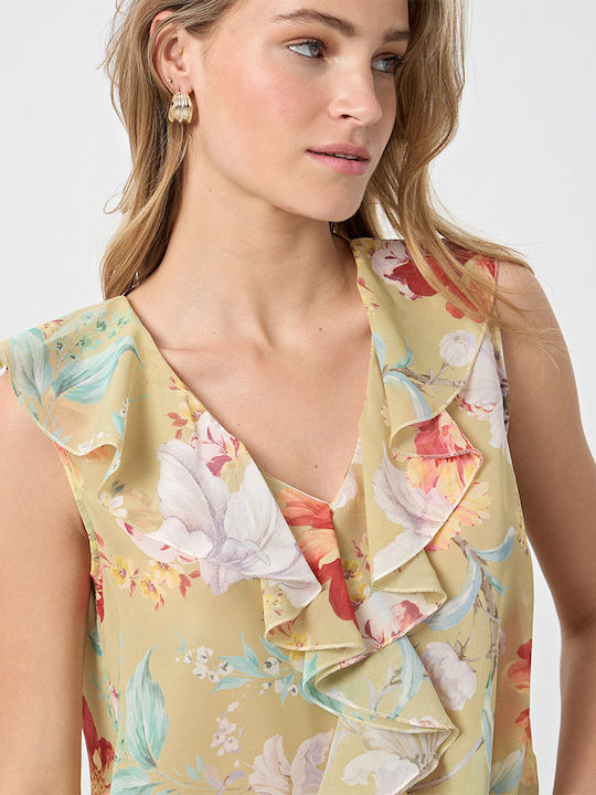 Women's Sleeveless Blouse with V Neckline Floral Olive