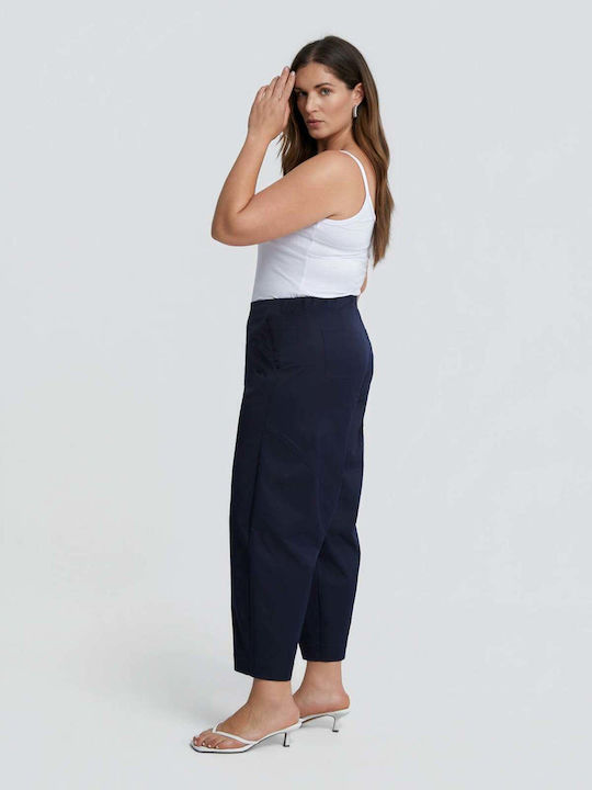 Women's Fabric Trousers with Rubber Band in Loose Fit Blue