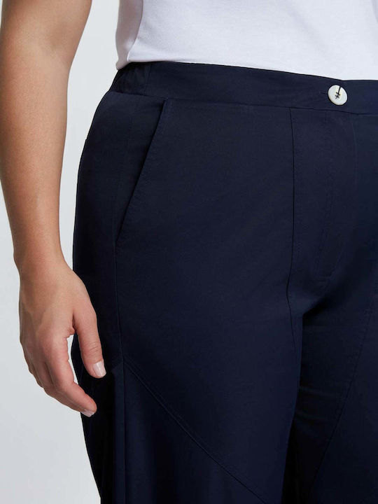 Women's Fabric Trousers with Rubber Band in Loose Fit Blue