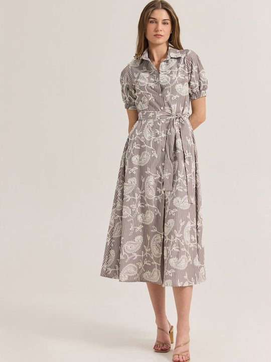 Summer Midi Shirt Dress Short Sleeve Brown