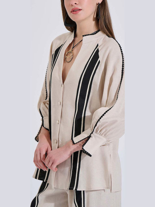 Long Sleeve Women's Linen Shirt Beige Striped 10-280582-0