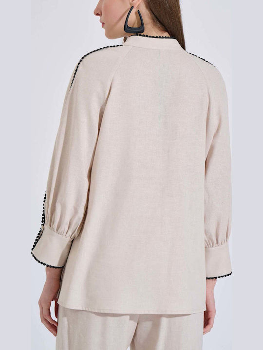 Long Sleeve Women's Linen Shirt Beige Striped 10-280582-0