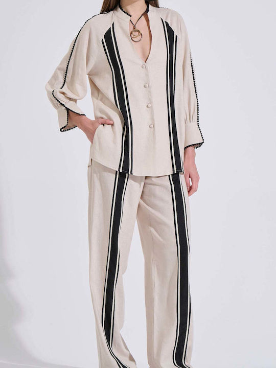 Long Sleeve Women's Linen Shirt Beige Striped 10-280582-0