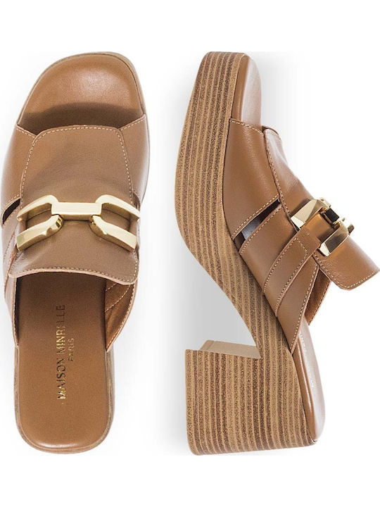 Leather Mules With Chunky Heel In Tabac Brown Colour