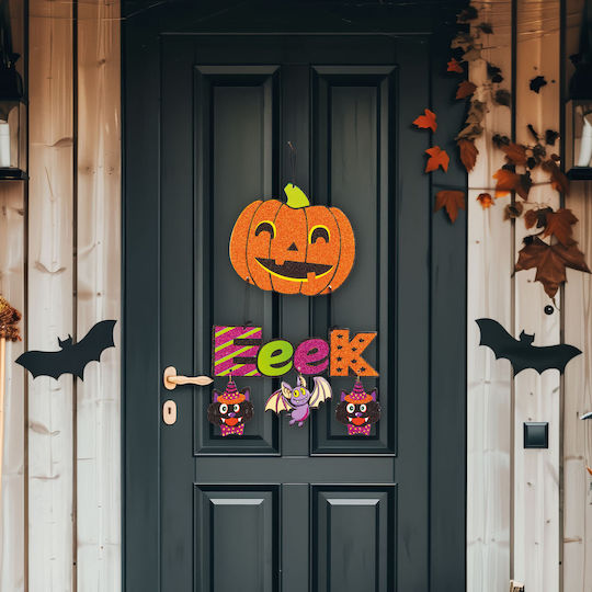 Decorațiune De Halloween Agățată Dovleac Din Spumă Portocaliu Mov Negru Sclipicios 45x23 Cm