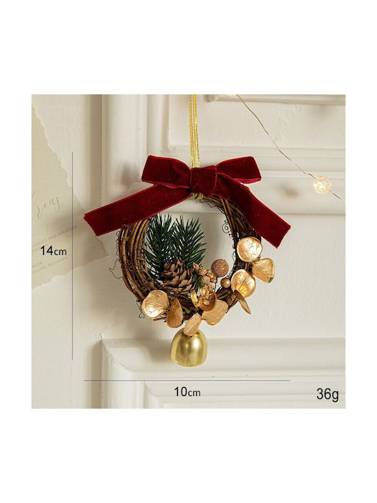 Christmas Wreath Type Christmas Tree Ornament 1 Bell Golden Flowers Pine Cones Red Velvet Ribbon 14 X 10 Cm Red Flippy