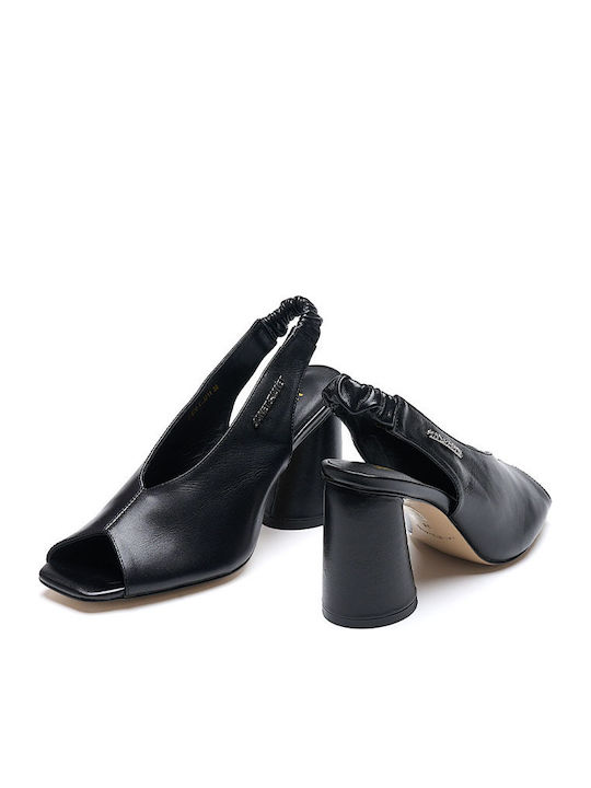 Кожени Peep Toe Обувки На Ток С Дебел Висок Ток Черни