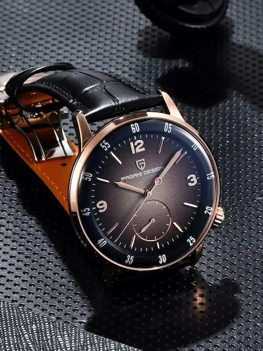 Men's Automatic Watch with Black Leather Strap