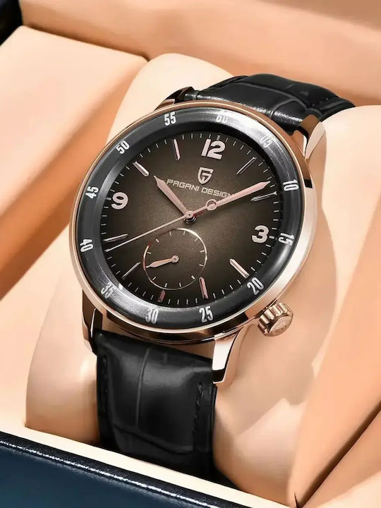 Men's Automatic Watch with Black Leather Strap