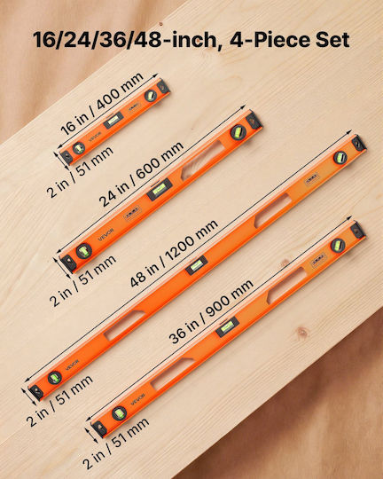 Vevor Set of Magnetic Spirit Levels 4 Pieces Aluminum I-Beam 400 600 900 1200 Mm 3 Vials Hanging Hole Jxspc48inch3y2wib001v0