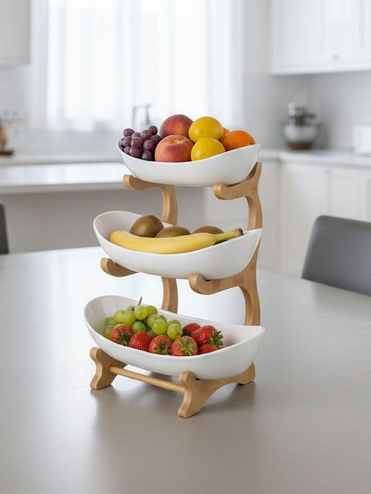 Relaxdays Fructieră Din Bambus Cu 3 Niveluri Albă 34x10x25cm
