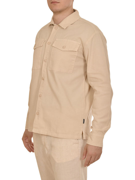 Μακρυμάνικo Λινό Overshirt σε Κανονική Γραμμή Μπεζ