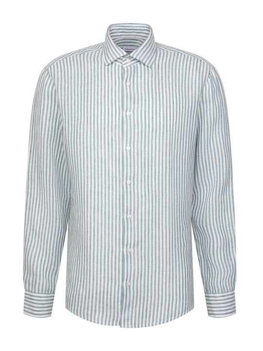 Long Sleeve Linen Shirt in Narrow Fit Striped Turquoise