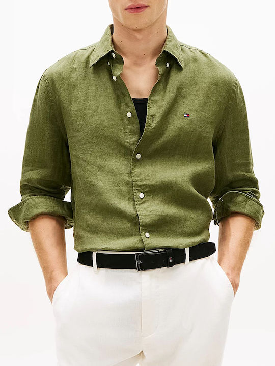 Pigment Dyed Li Long Sleeve Linen Shirt in Regular Fit Khaki