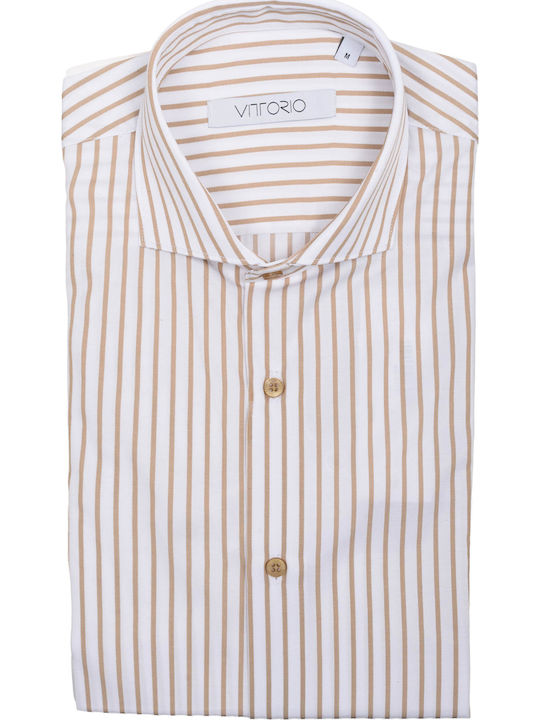Μακρυμάνικo Πουκάμισο σε Στενή Γραμμή Ριγέ Beige