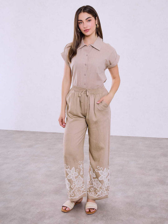 Celestino Women's Pantaloons Embroidery at the Hem Loose Fit Light Brown