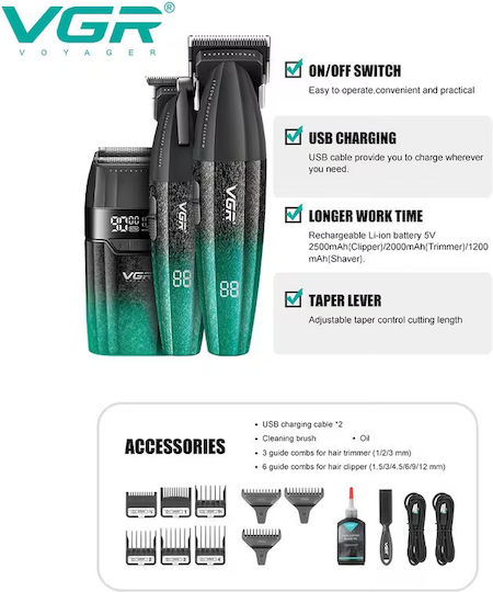 Professional Rechargeable Hair Clipper Kit Black V-640 3 Pieces