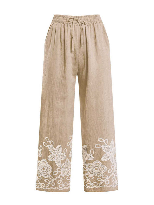 Celestino Women's Pantaloons Embroidery at the Hem Loose Fit Light Brown