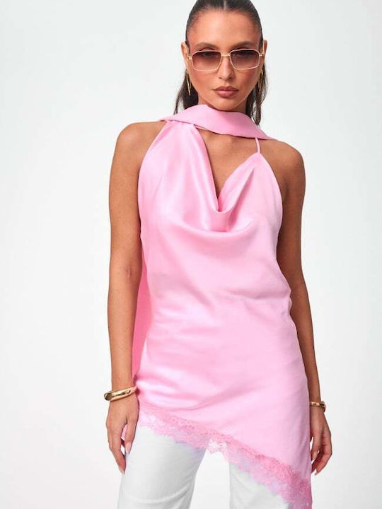 Women's Satin Blouse with Lace Pink