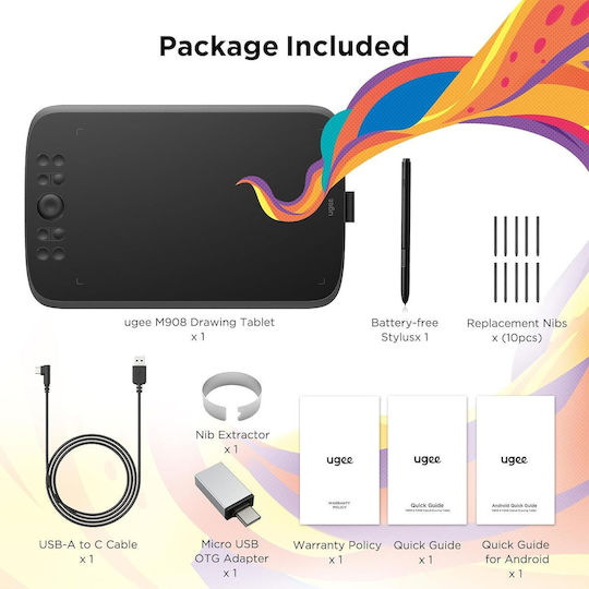 Ugee M908 Tabletă Grafică 10x6.25" Usb 8 Butoane 16384 Niveluri de Presiune 8 Vârfuri de Schimb Compatibilă cu Telefonul Pictură Design Creație Artistică Schiță – Negru