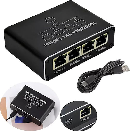 Splitter Rețea Ethernet Zola 4 Porturi Rj45 Viteză 1 Gb S Compatibil Cat5e Cat6 Cat7 Cat8 Alimentare Usb 8.5 X 6 X 2.5 Cm Negru