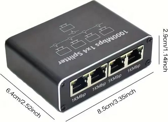 Splitter Rețea Ethernet Zola 4 Porturi Rj45 Viteză 1 Gb S Compatibil Cat5e Cat6 Cat7 Cat8 Alimentare Usb 8.5 X 6 X 2.5 Cm Negru