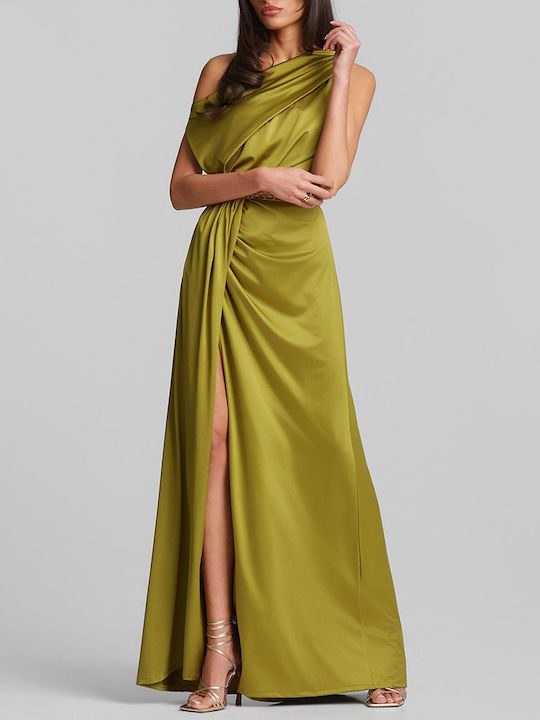 Summer Maxi Dress for Wedding Christening Satin Olive