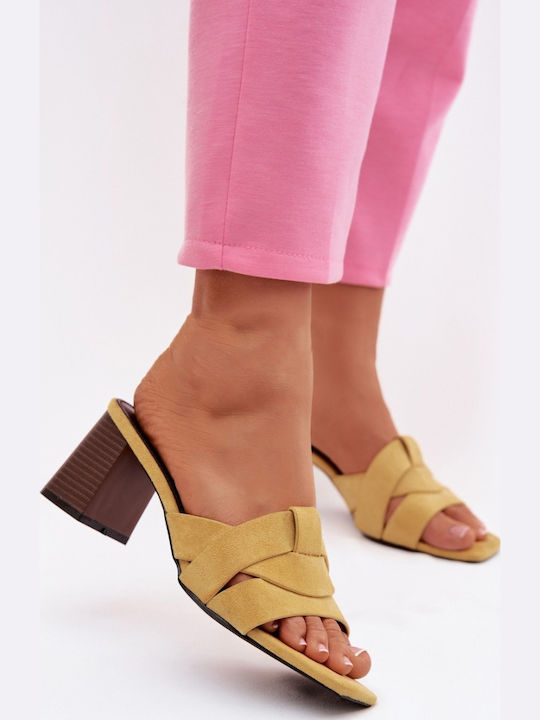 Suede Mules με Ψηλό Τακούνι σε Κίτρινο Χρώμα
