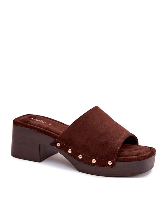 Suede Mules με Τακούνι σε Καφέ Χρώμα